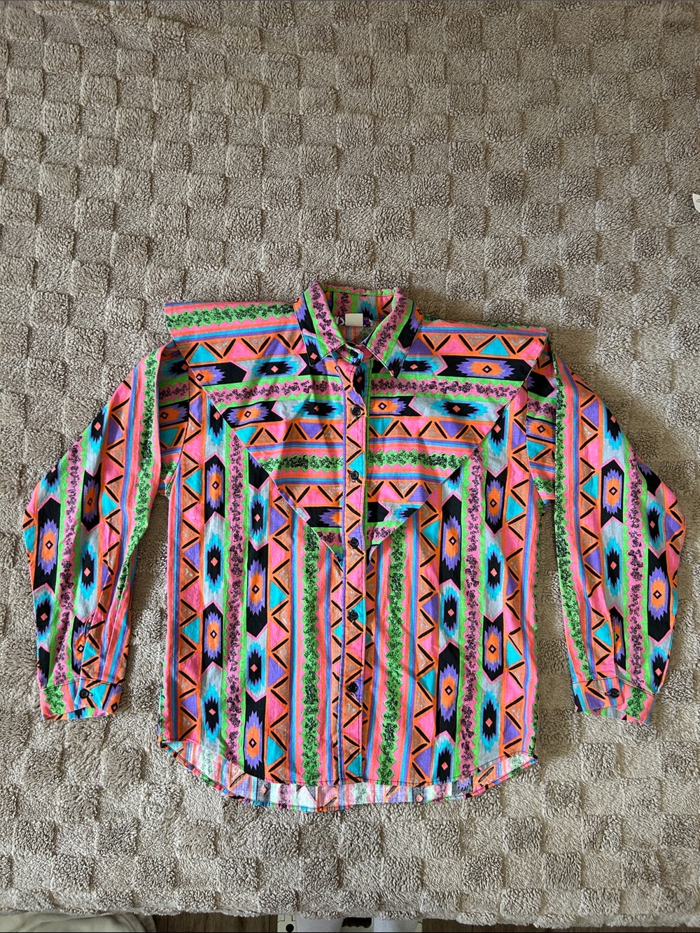Vintage 90s Sassa Ltd Southwestern Aztec Button Up Shirt Neon Pink L made in USA